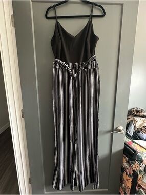 Black Strappy Jumpsuit with Black & White Striped Pants